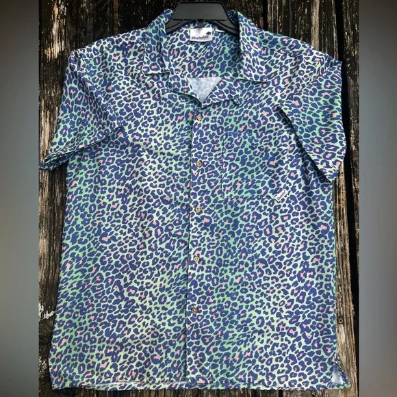 BOARDIES Apparel Lime Leopard S Short Sleeve Turquoise Pink Button Up Shirt G3 - Picture 2 of 7